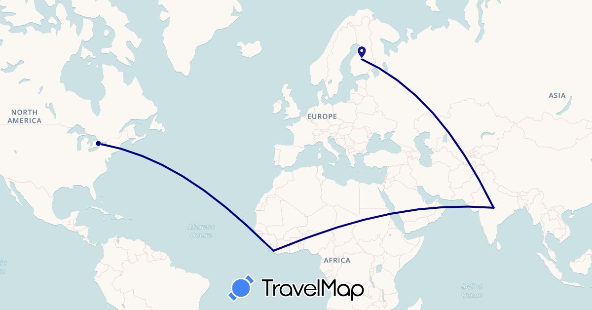 TravelMap itinerary: driving in Canada, Finland, India, Liberia (Africa, Asia, Europe, North America)